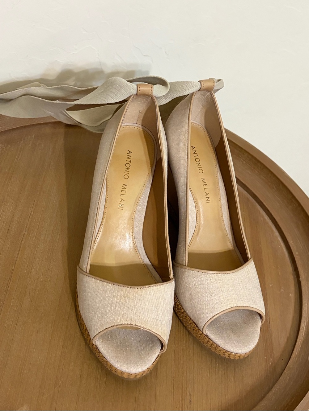 Antonio Melani Women's Beige Peep-Toe Wedge Heels